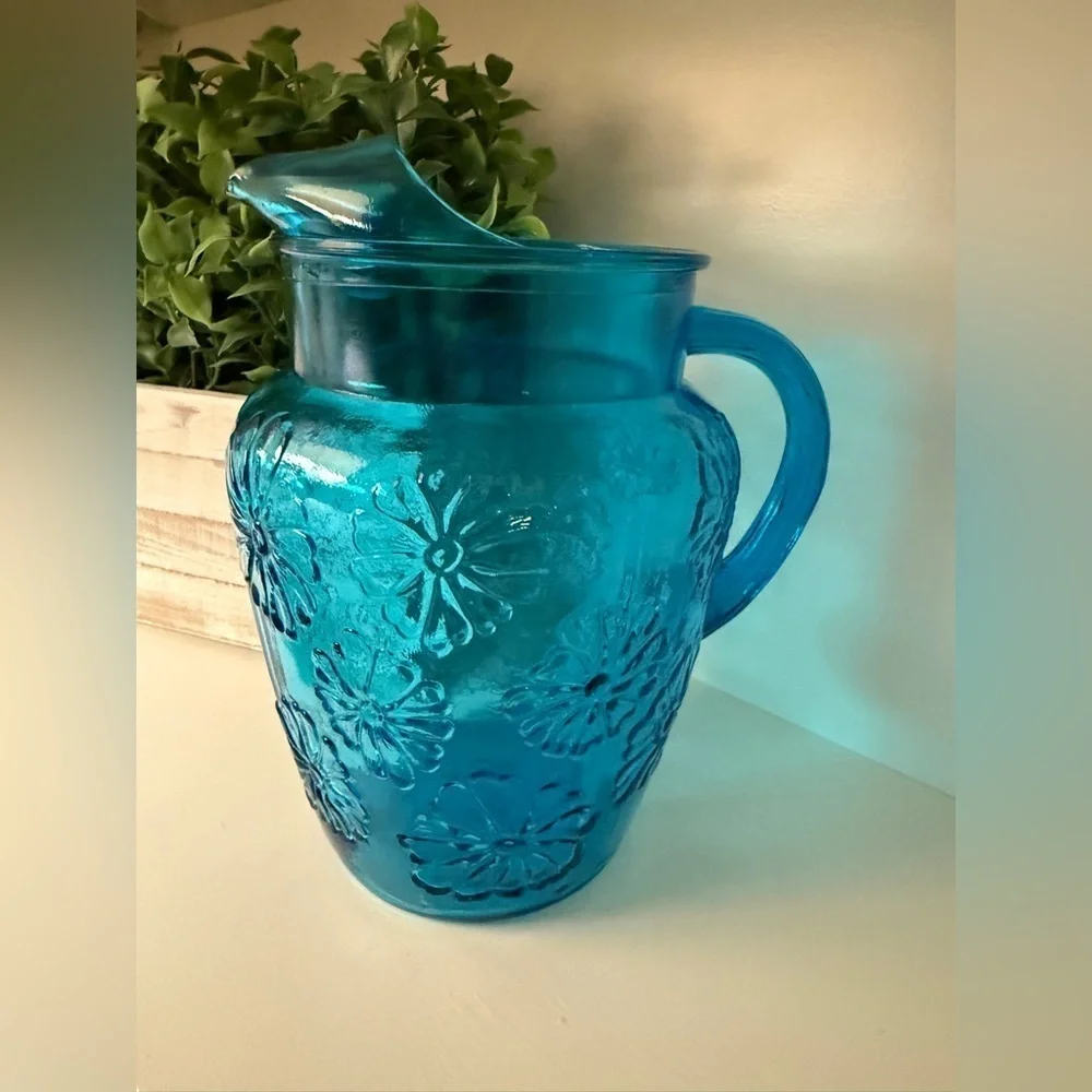 Cobalt Blue Glass Water Pitcher Vtg. 1960’s Embossed Floral Mid Century Modern